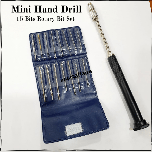 Mini Hand Drill +15 Bits Rotary Bit Set (15 Bits)